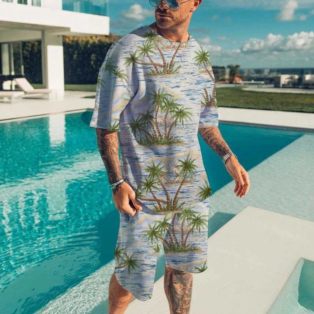 Mens set Hawaii Beach T-shirt two sets of vacation casual beach pants set fashionable all printed T-shirt set new mens T-shirtXJ250326