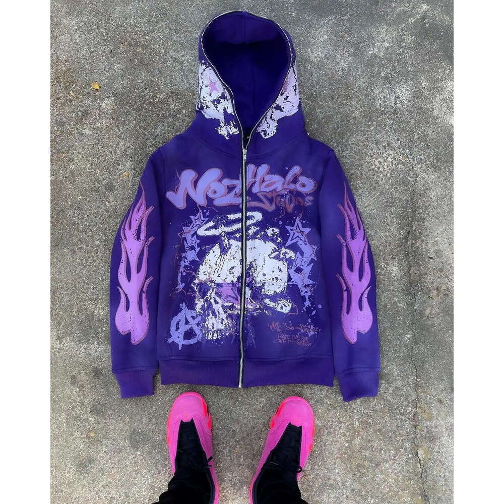 Y2K American Harajuku Dark Hip Hop High Street Cartoon Printed Zipper Loose Hoodie gift for man