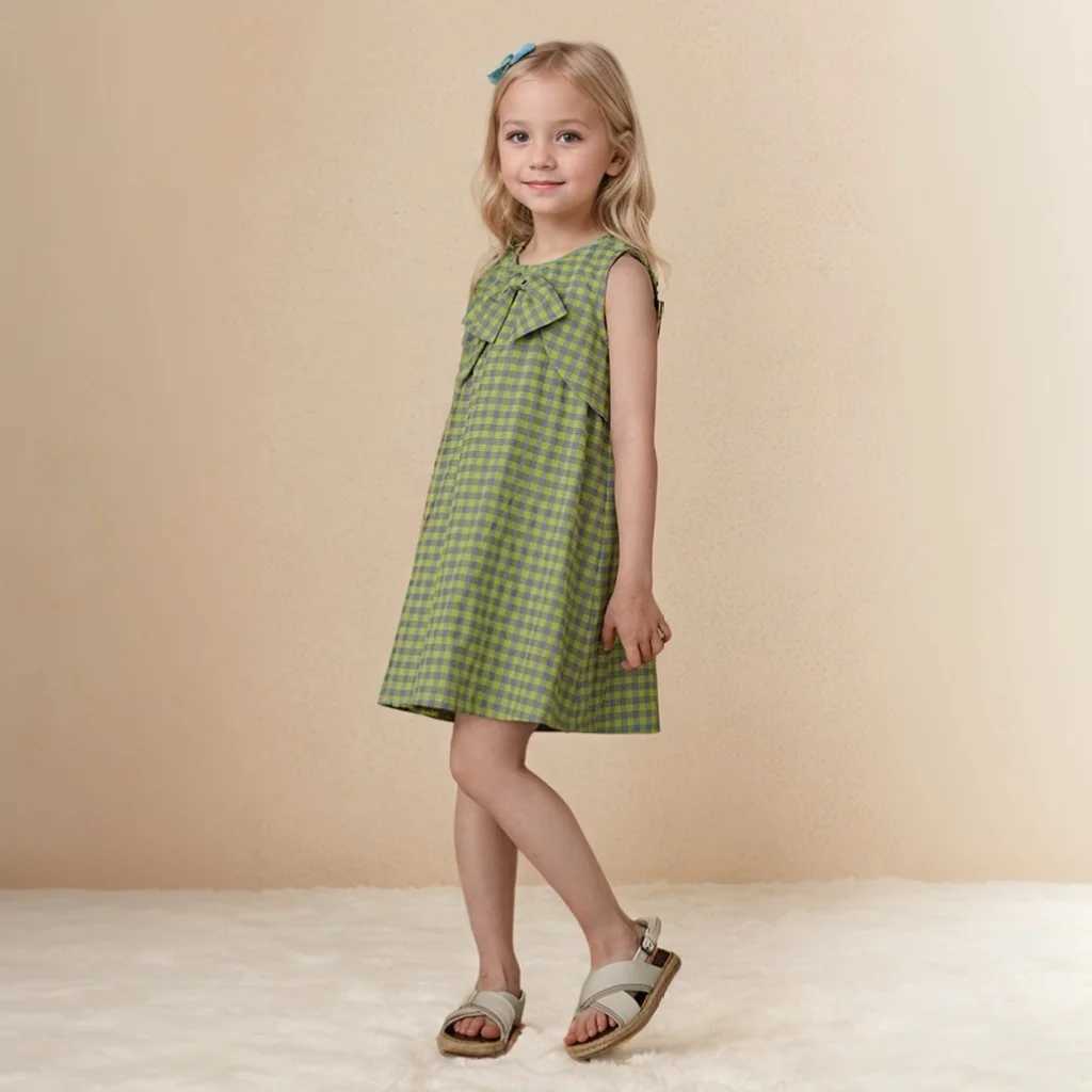 Summer Kids Babys Big Girls Dress Cotton Bow Sleeveless Plaid Toddler Girl Princess Dress Vacation Little Girl Vest Dress W250326