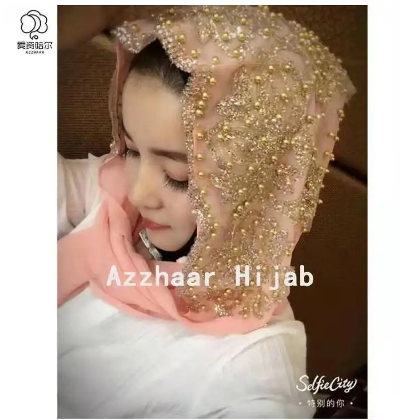 Muslim chiffon headscarf beaded womens Muslim gold diamond sequin long scarf headscarf Hoofddoek fashionable flat headscarf 250322