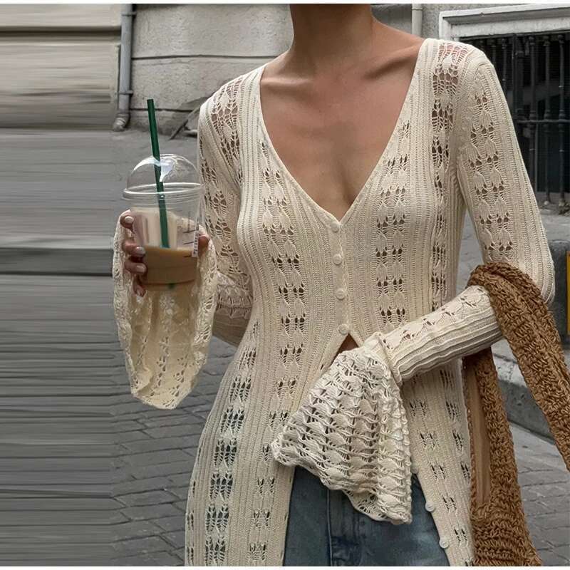 Women's Coat Knitted Hollow Out Cardigan Women's V-Neck Long Petal Sleeve Sweater Single Breasted Maxi Coats Autumn Elegant Outwear