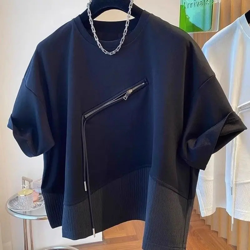 2024 summer personalized irregular patch work drawstring half zipper loose casual oversized Rafian handsome short sleeved Tshirt 250326