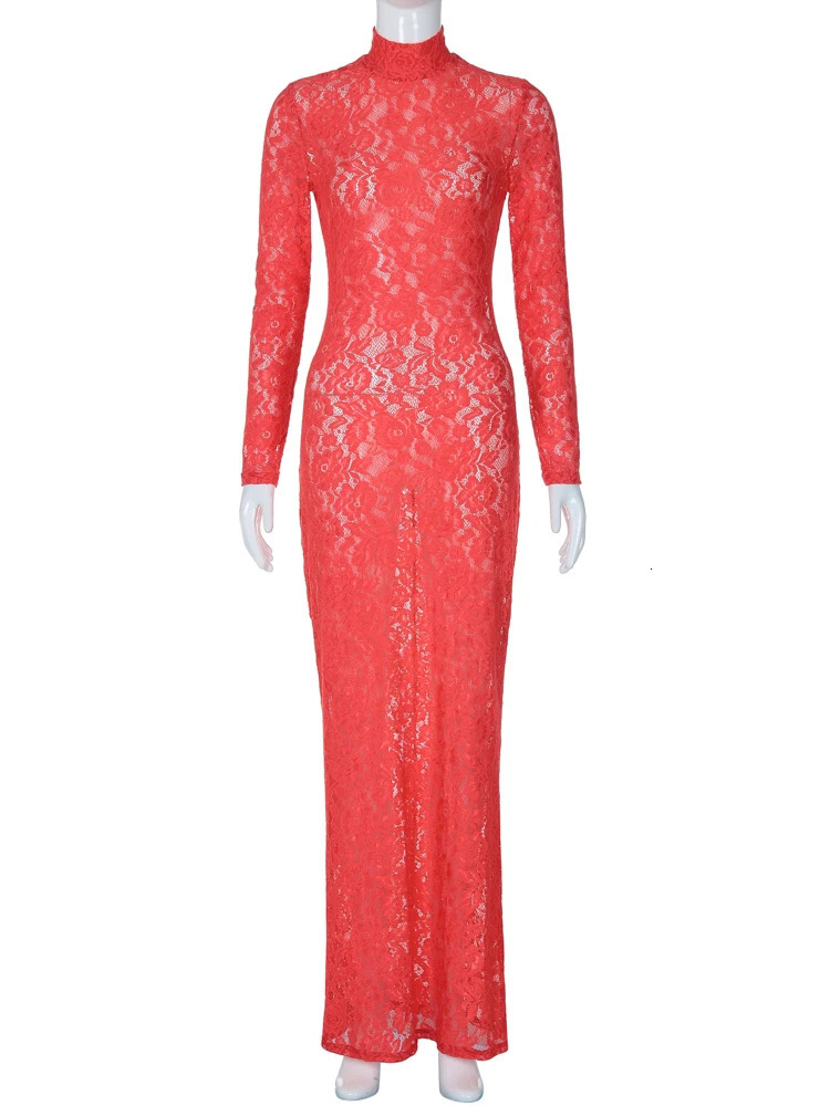 Hawthaw Women Spring Autumn Long Sleeve Party Club Lace See Through Bodycon Red Long Dress Wholesale Items For Business 250326