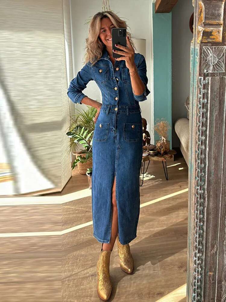 Elegant Denim Slim Long Dress Women Full Sleeve Single Breasted Lapel Split Female Dresses Spring Summer Fashion Lady Robe