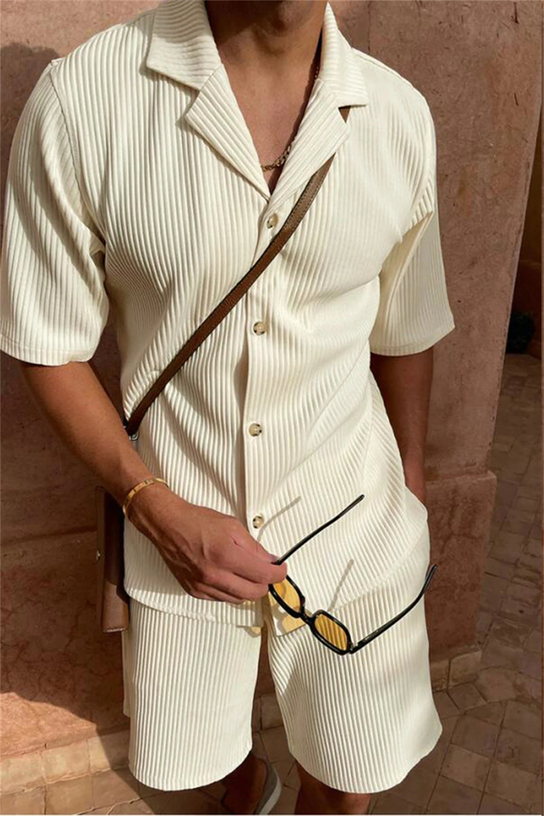 Spring/Summer Solid Color Corduroy Short Sleeve Shirt and Short Stretch Beach Casual Set 250326