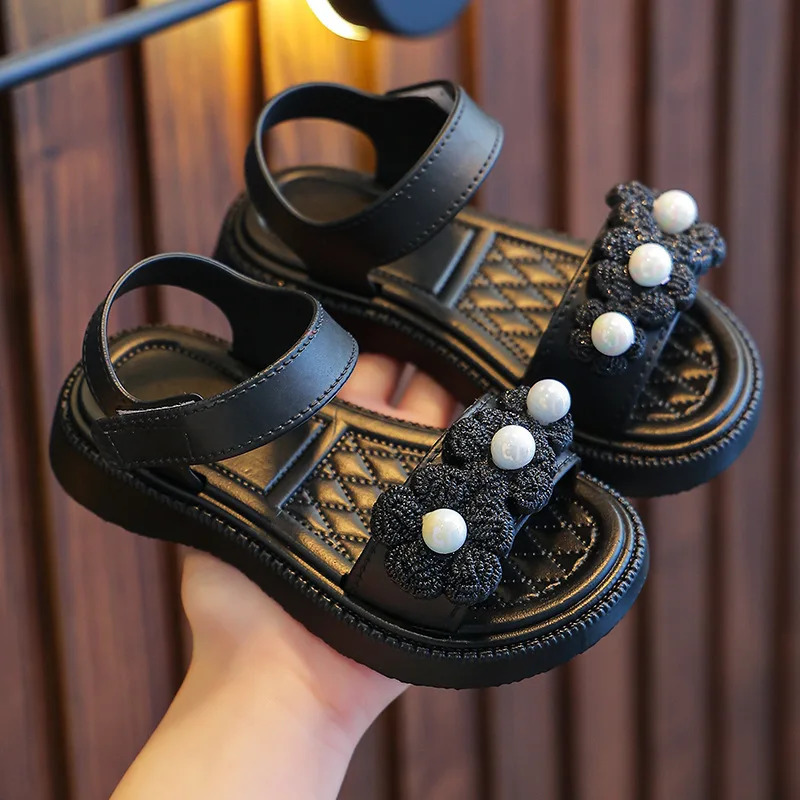 Summer Girl Children Sandals Child Casual Shoes Kid Girl shoe Beach Shoes Pearl flowers Soft Bottom Non-slip Sports Sandals 250326