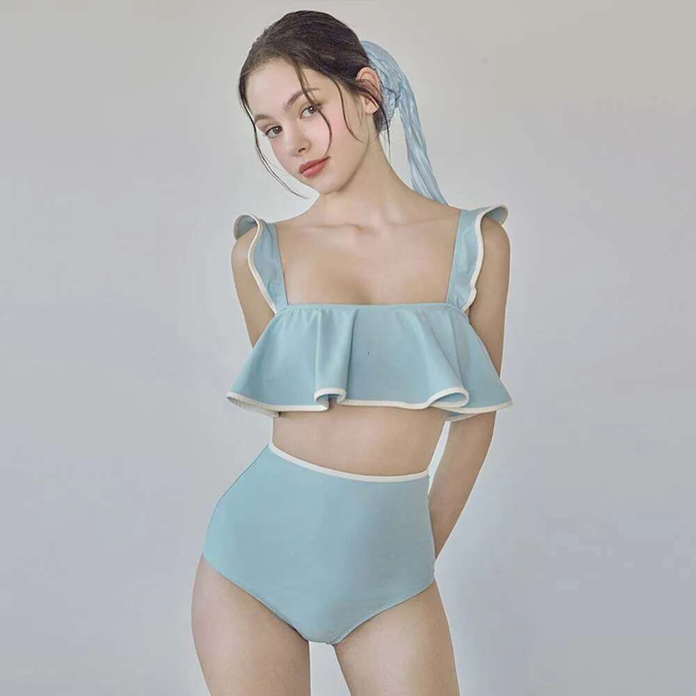 Waist Blue High Swimwear Women 2025 Sexy Two Pieces Swimsuit Padded Bathing Suit Korean Ruffle Bikini Summer Beach Wear Monokini