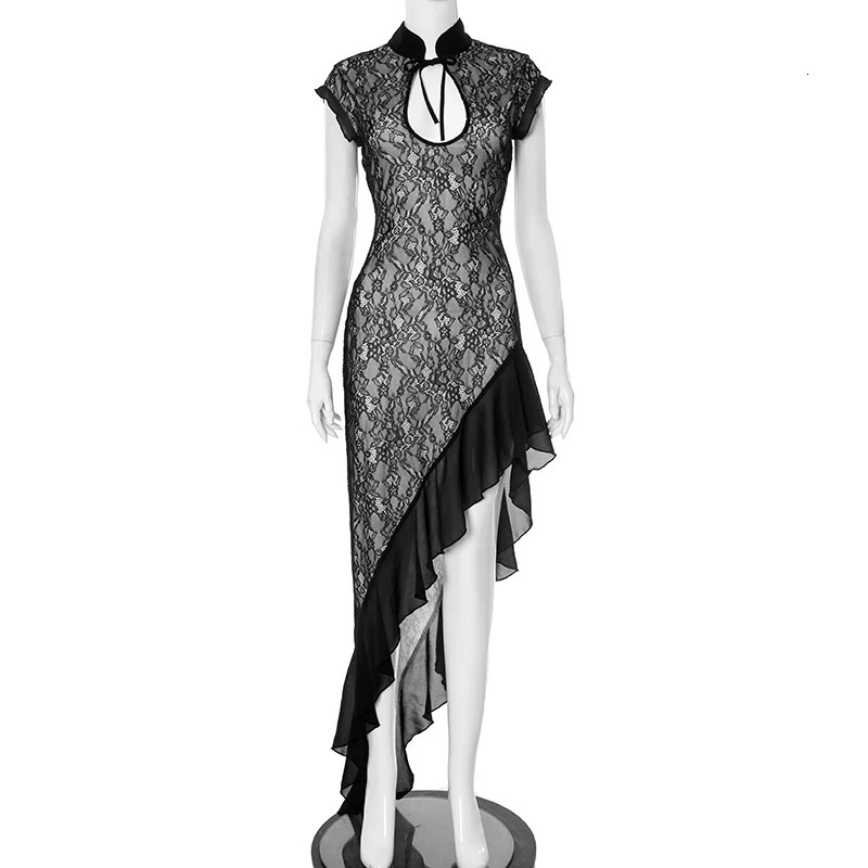 Sexy Solid Ruffle Maxi Dress 2025 Summer Sleeveless Lace See Through High Stretch Midnight Club Asymmetric Sewing Sundress 250324