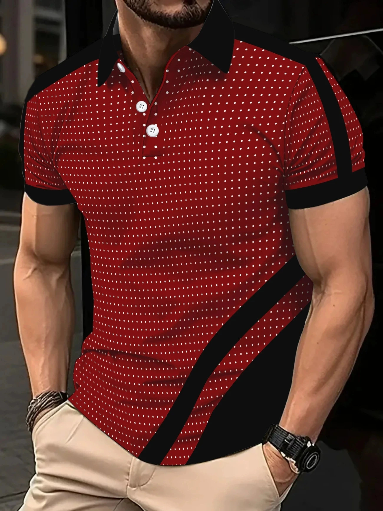 Summer Casual Mens Daily Small Round Dot Printed Polo Shirt Button Fashionable Breathable Sports 250327