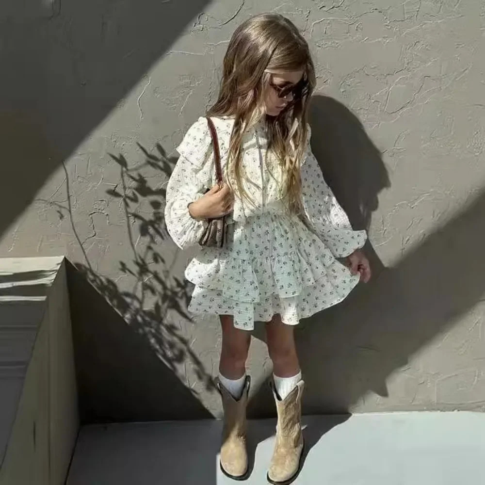 4478-1 Children Clothing Set INS Russian Girls Dress Autumn Floral Lace ShirtCake Skirt Two-piece Set 250326