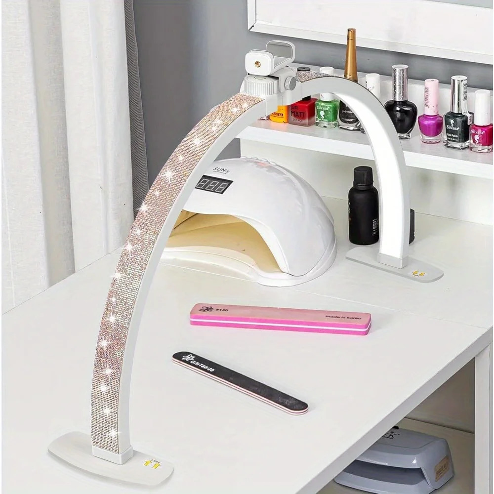 Nail table half moon light with phone holder 28 inch foldable sparkling diamonds LED for nail art 250325