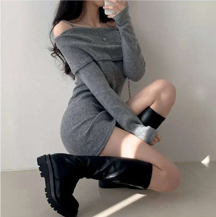 Knitted Chic Dress Sexy Korean Shoulder Bared Belted Ribbed Wrap around Mini Skirt for Small Figures Stylish Autumn Winter