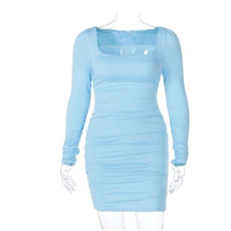 long-sleeved silk ice new Autumn dress square neck pleated sexy blue tight vest short skirt