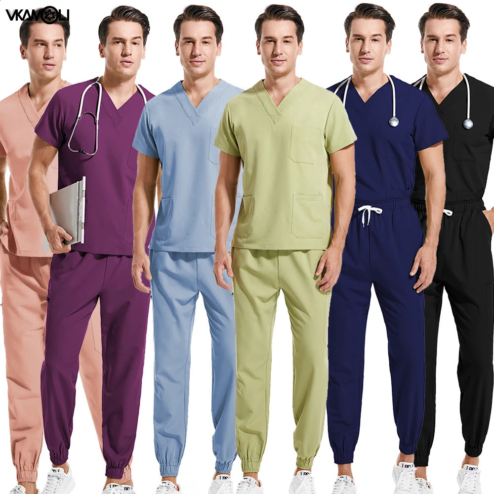 Multi colored stretch fabric clinical laboratory uniform tops and runners XS XXL mens workwear detergent set 250326