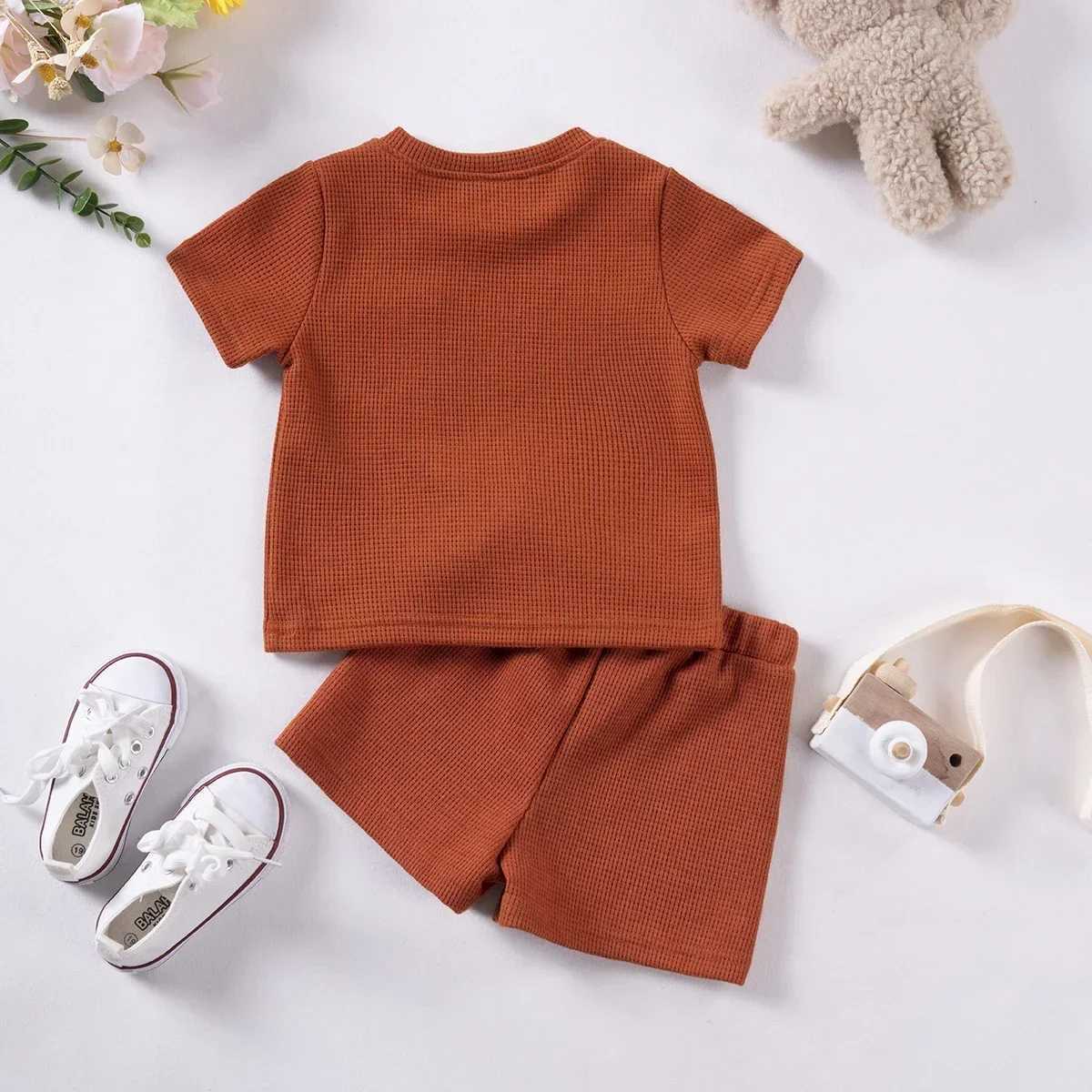 Cute little bear pocket short sleeved two-piece mens casual suitT250327