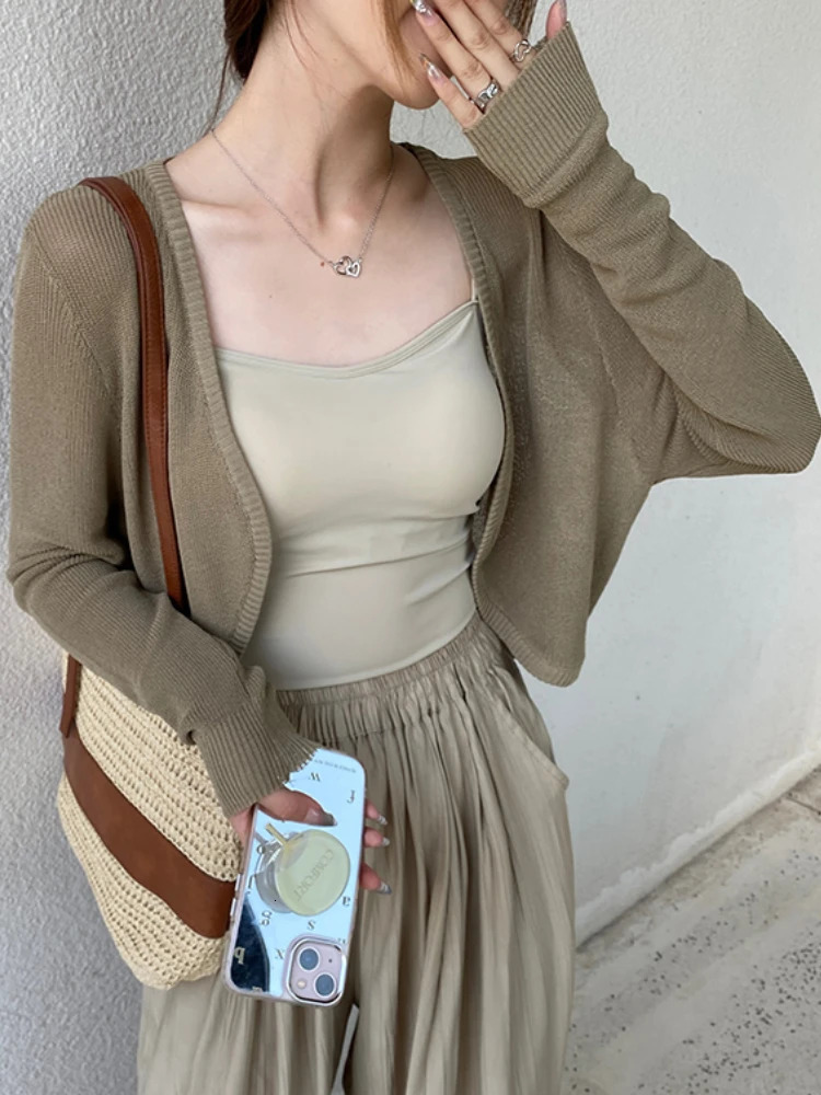 Thin white cardigan wool sweater womens summer sun protection lace knitted top casual long sleeved short 250326