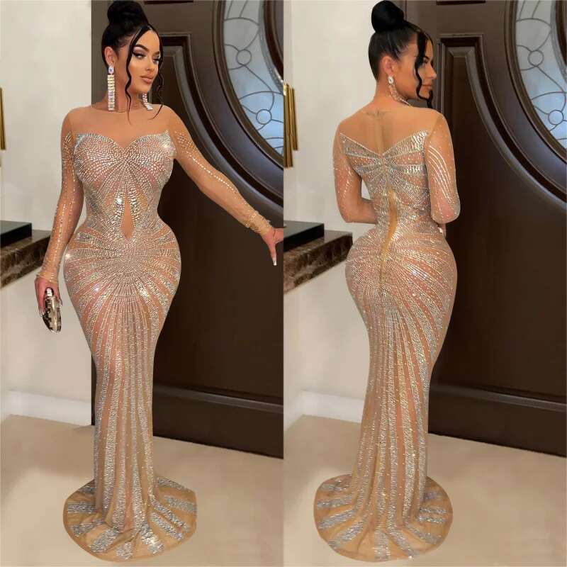 Dongdumaoyi Mode Dames Effen Kleur Mesh Pure Strass Lange Mouw Jurk C