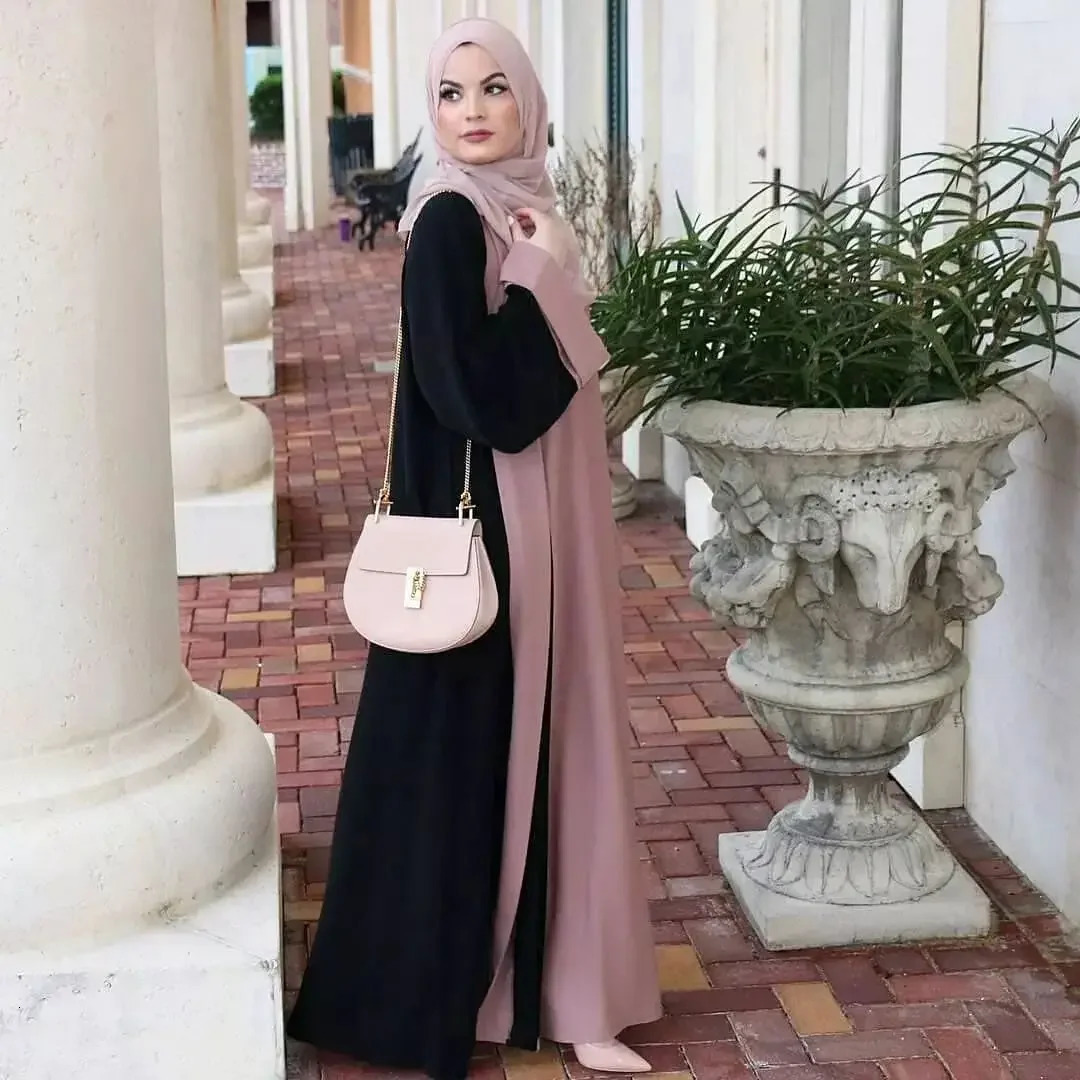 Fashionable Muslim Abaya cardigan splicing twopiece suit dress long Kaftan womens fashion origin in Chinese Mainland 250326