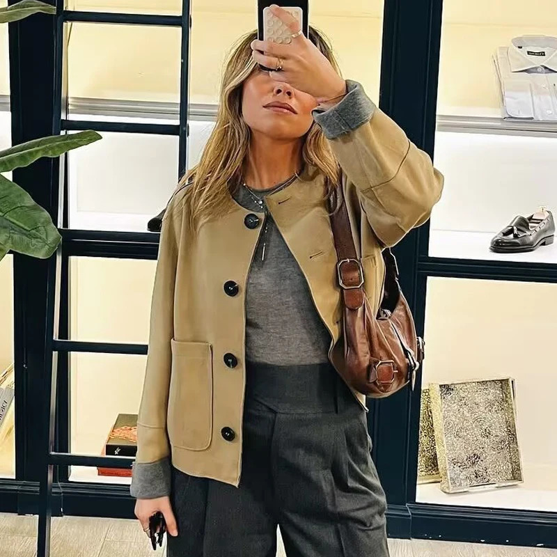 TRAF suede jacket womens spring Coats Jackets crop Oneck button long sleeved fashionable and elegant 250326