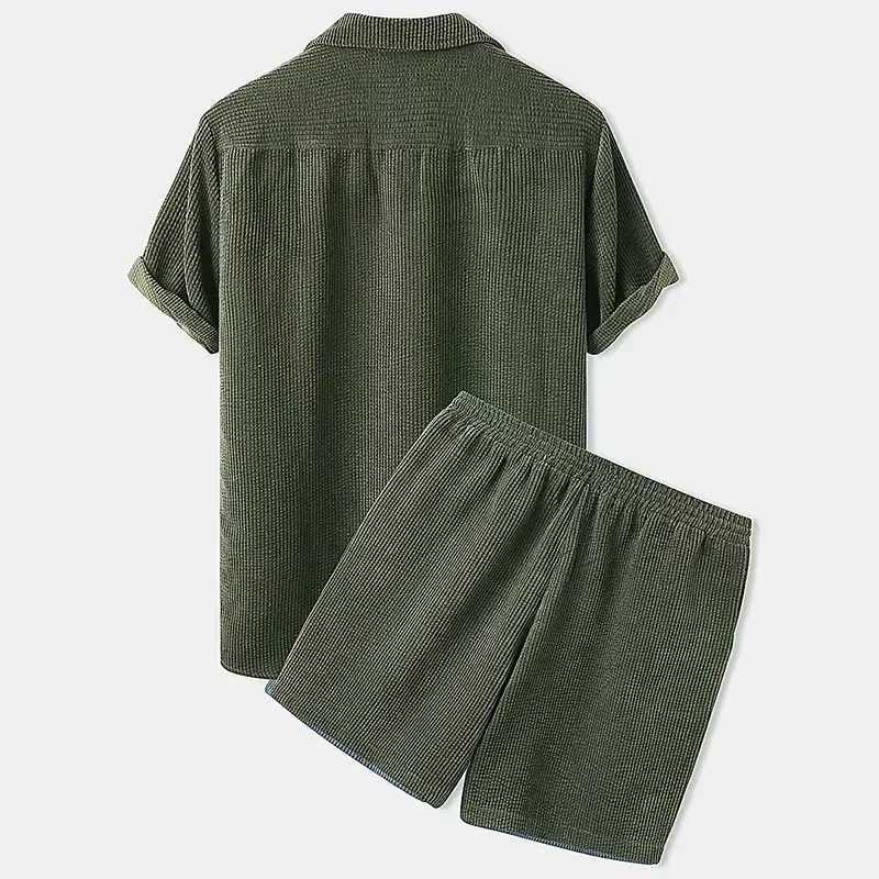 Spring and summer new solid mens Corduroy set short sleeved button up shirt and two-piece casual luxury set streetwearXJ250326