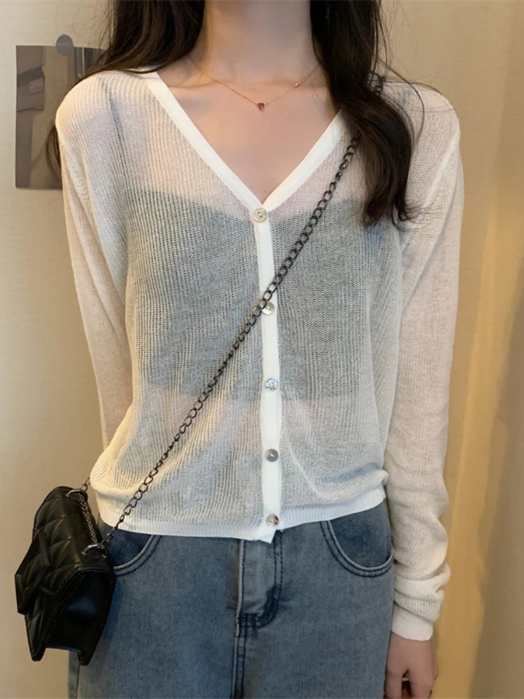 Womens cardigan long sleeved knitted jacket solid thin spring short shirt Vneck Korean fashion 250326