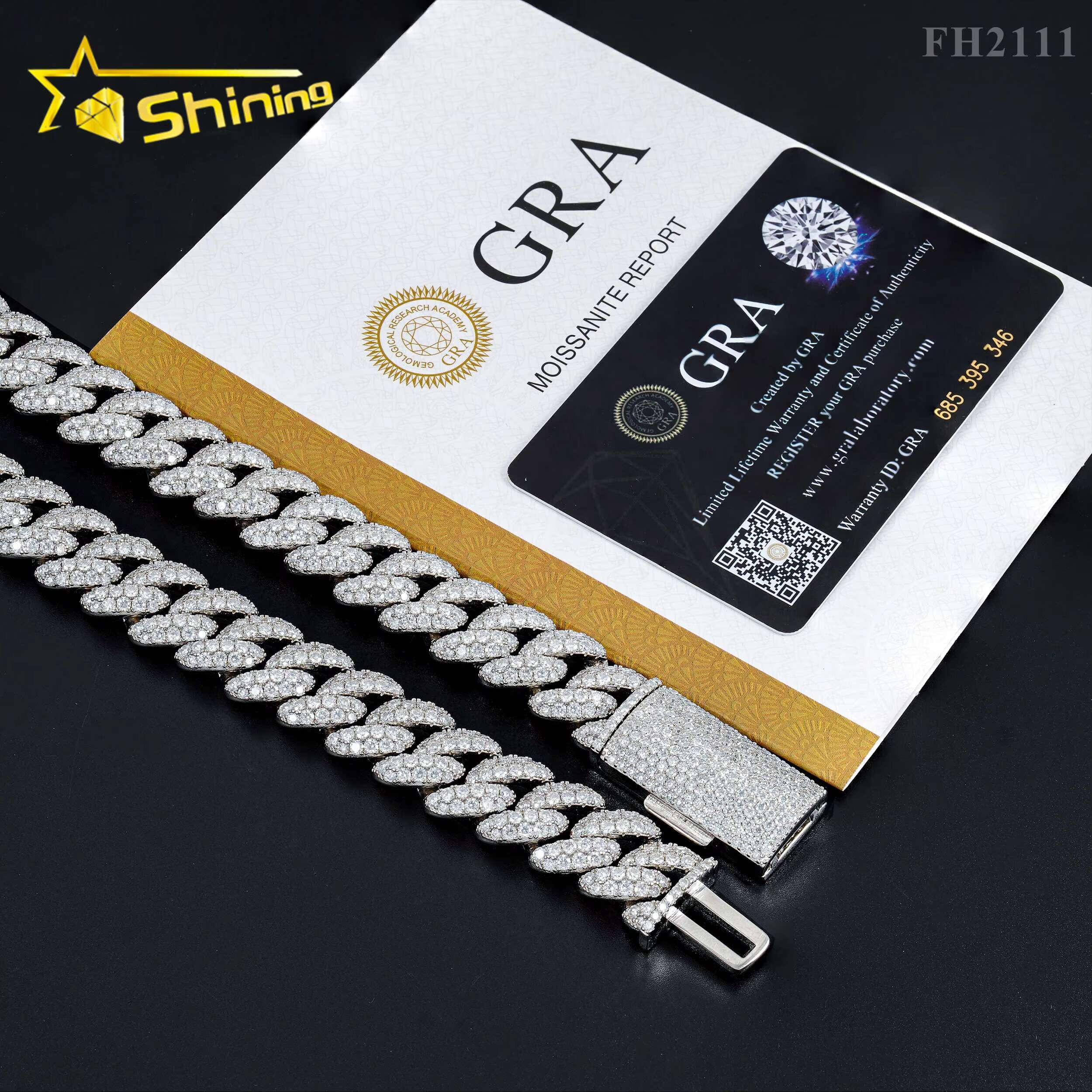 Hip Hop Fine Jewelry Factory Direct Sell 15MM Iced Out 925 Sterling Silver White Gold Plated Moissanite Cuban Link Chain Men