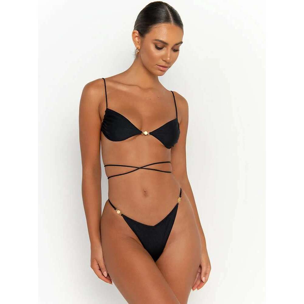 Shiny Swimsuit String Bikinis Bandage Swimwear Women 2025 New Pleated Bathing Suit Sexy Biquini Solid Color Beachwear Summer