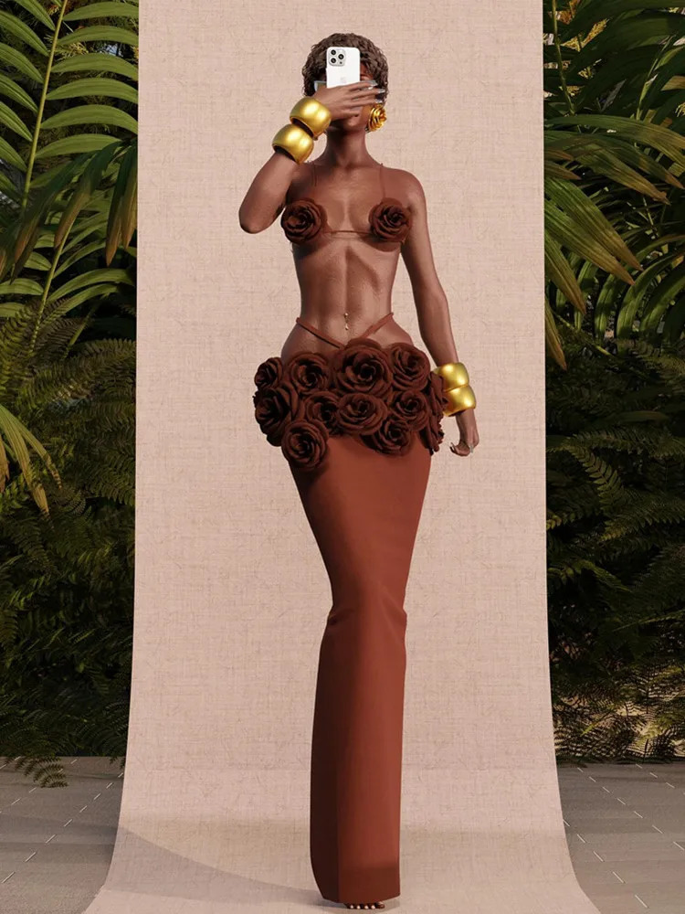 Womens Celebrity Sexy Backless Strapless Flower Brown Maxi Long Bandaged Ski Set Knitted Elegant Nightclub Party Clothing 250326