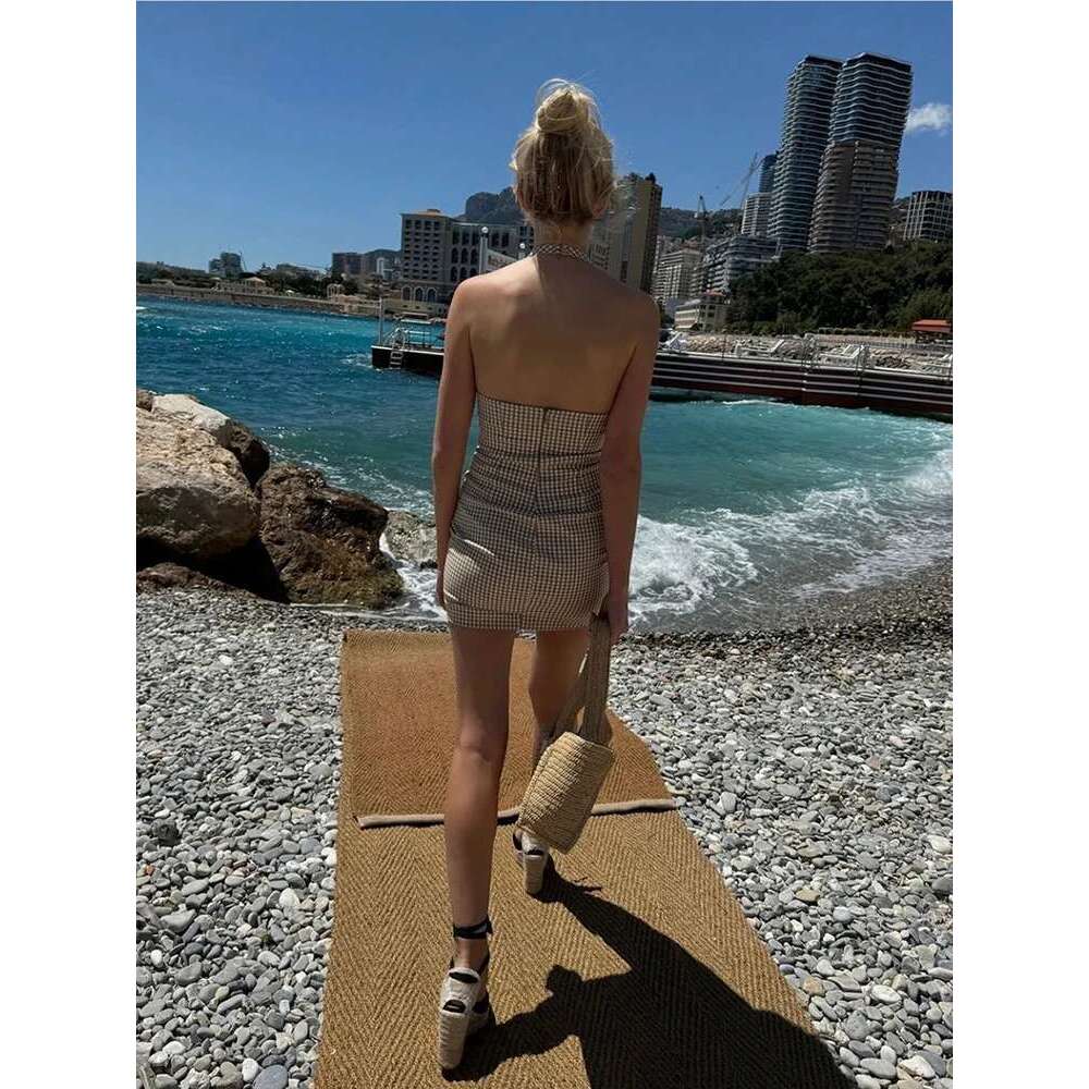Women's Print TRAF Hanging Grid Neck Slim Dress New Sexy Bow Trimmed Backless Mini Holiday Style Party Short Dresses