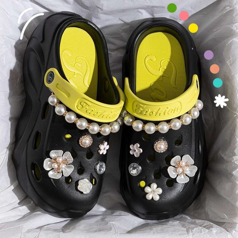 2025 Summer New Pearl Chain Thick Bottom Women's Thick Bottom Designer Fashion Beach Sandals Women's Anti Slip Wooden Clogs Garden Shoes