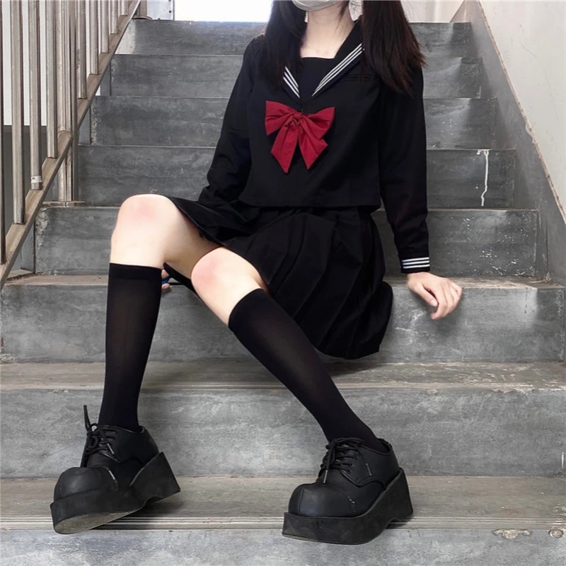 Japanese School Uniform Girls Plus Size Jk Set Red Tie Black Three Piece Basic Sailor Womens Long Sleeve 250326