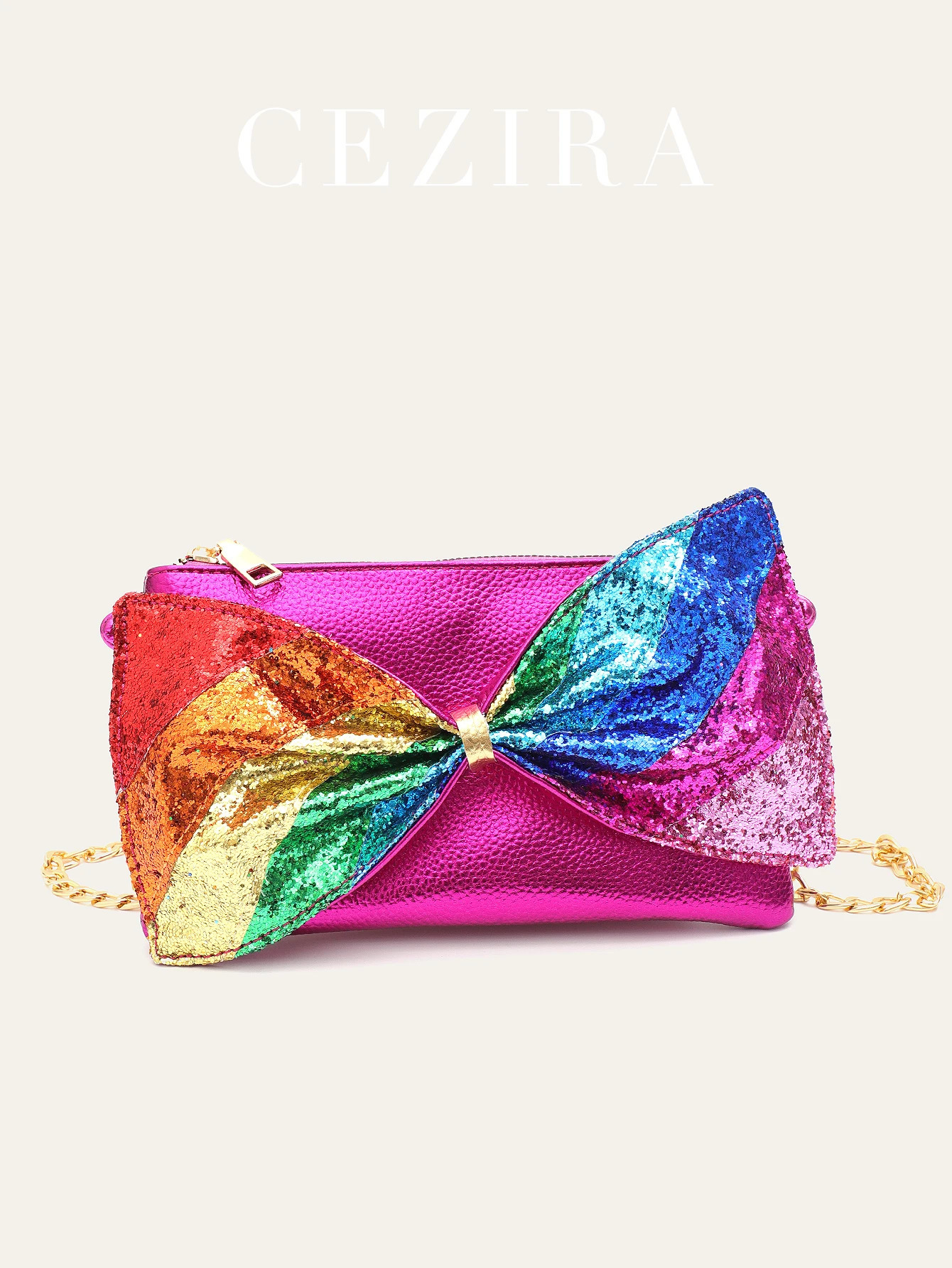 Womens fashionable sequin metal PU vegan leather clutch bag large bow rainbow stripe square zipper long chain ten font wallet 250326