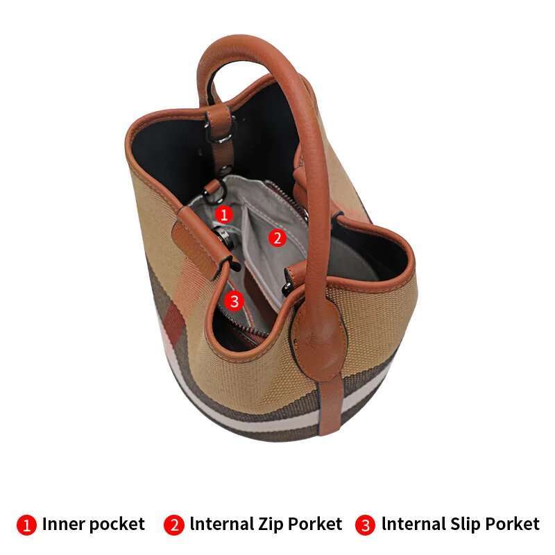 Aidrani New Plaid Women's Handbag, Made Of Canvas Cowhide Material, Caramel Colored Bucket Bag