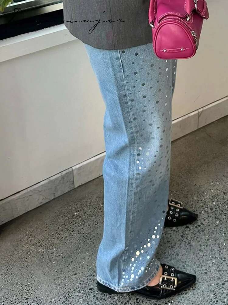 Flash Sequin Long Jeans Women Loose Solid High Waist Zipper Pocket Denim Pants Female Spring Casual Fashion Lady Trousers