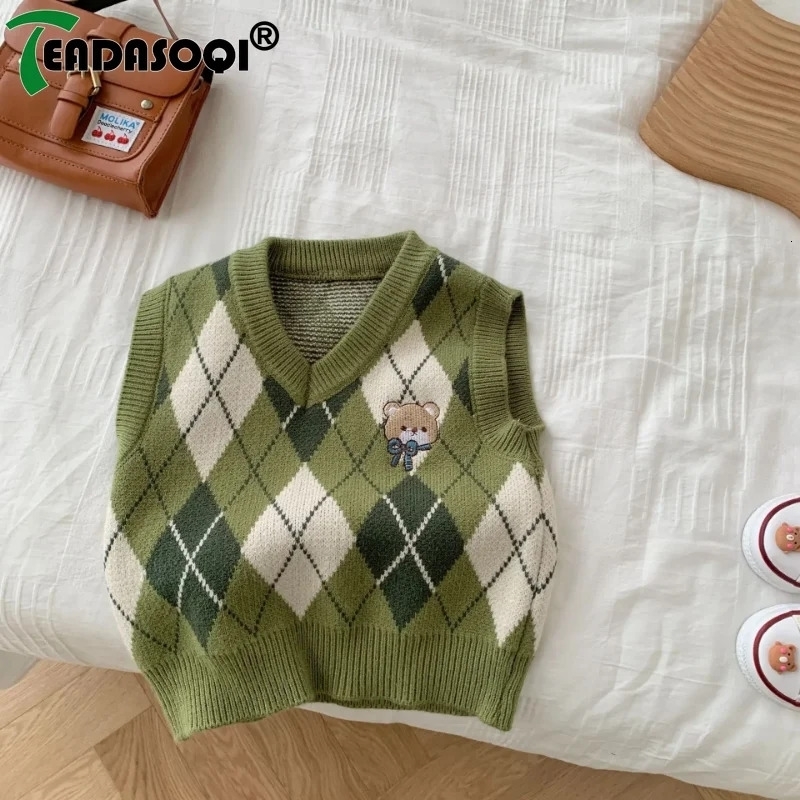 Toddler Baby Girls Boys Knitted Sweater Vest Coat 7Y Kids Cartoon Bear Geometric Figure Children Cardigan Outer Wear Clothing 250218