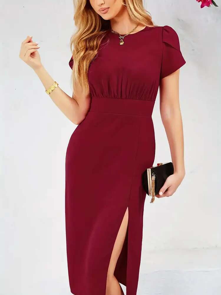 Dongdumaoyi Zomer Nieuwe Elastische Taille Split Geplooide Jurk Elegante Ronde Hals Kantoor Bodycon Rok Stijl A