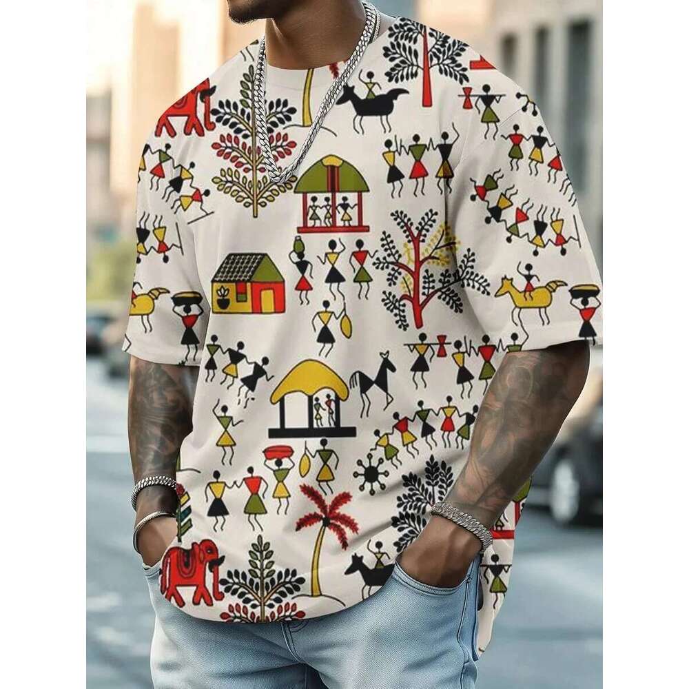 Men's T-shirt 3D printed retro printed T-shirt short sleeved casual round neck T-shirt polyester 2025 New Year gift