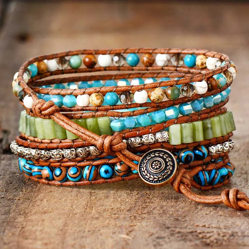 Spiritual Women Wrap Bracelets Natural Stones 5 Layers Leather Cuff Bangles Femme Bracelet Bohemian Gifts Dropship 250318