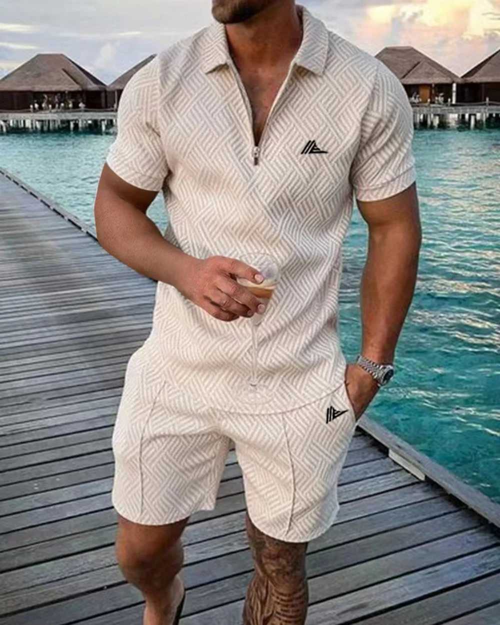 2025 Mens Trendy Summer Short sleeved Printed Beach Set Series Creative Pattern Collar Breathable SetXJ250326