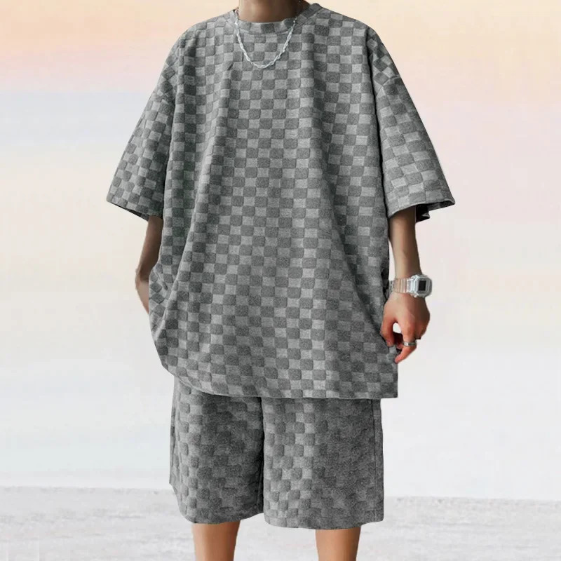 Mens sportswear summer Korean High Street jacquard plain Tshirt twopiece set mens casual retro loose Oneck top 250327