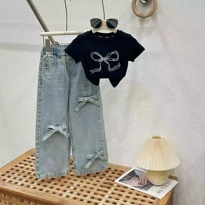 Childrens Clothing Sets Girls Bow Top Suit Kids Short-Sleeved T-Shirt Jeans 2 Pieces Summer Sweet Fashion Outfit 3-10 Years 250326