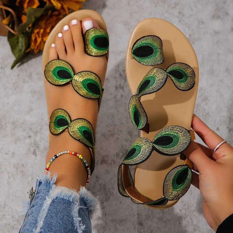 Fairy Style Flat Gold Thread Peacock Eye Hair Sandals Shoes Summer with Ski Vacation Roller Beach 250317