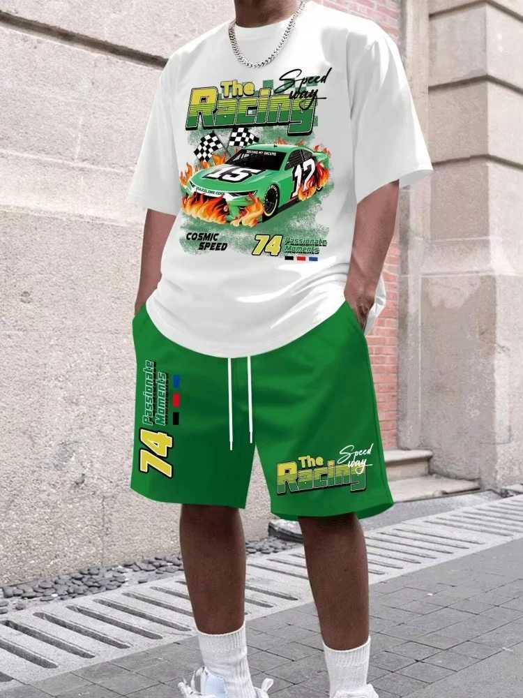 Cartoon Bear 3D Printed Mens Round Neck Short Sleeve 2-piece Set Urban Street Trendy Mens Top Outdoor Mens Drawstring Short SleeveXJ250326