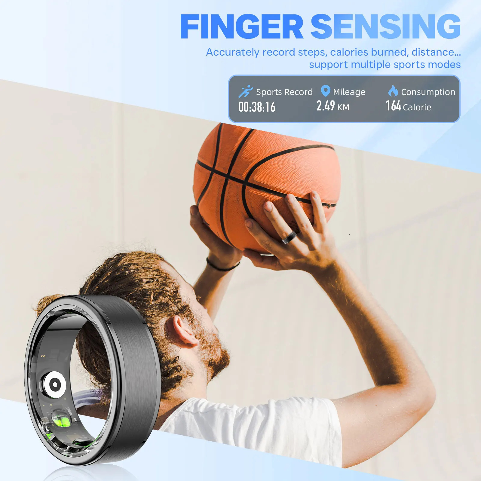 EIGIIS Smart Ring Blood Oxygen Heart Rate Monitor IP68 Waterproof Bluetooth-Compatible5.0 for Men Women for Android IOS 250322
