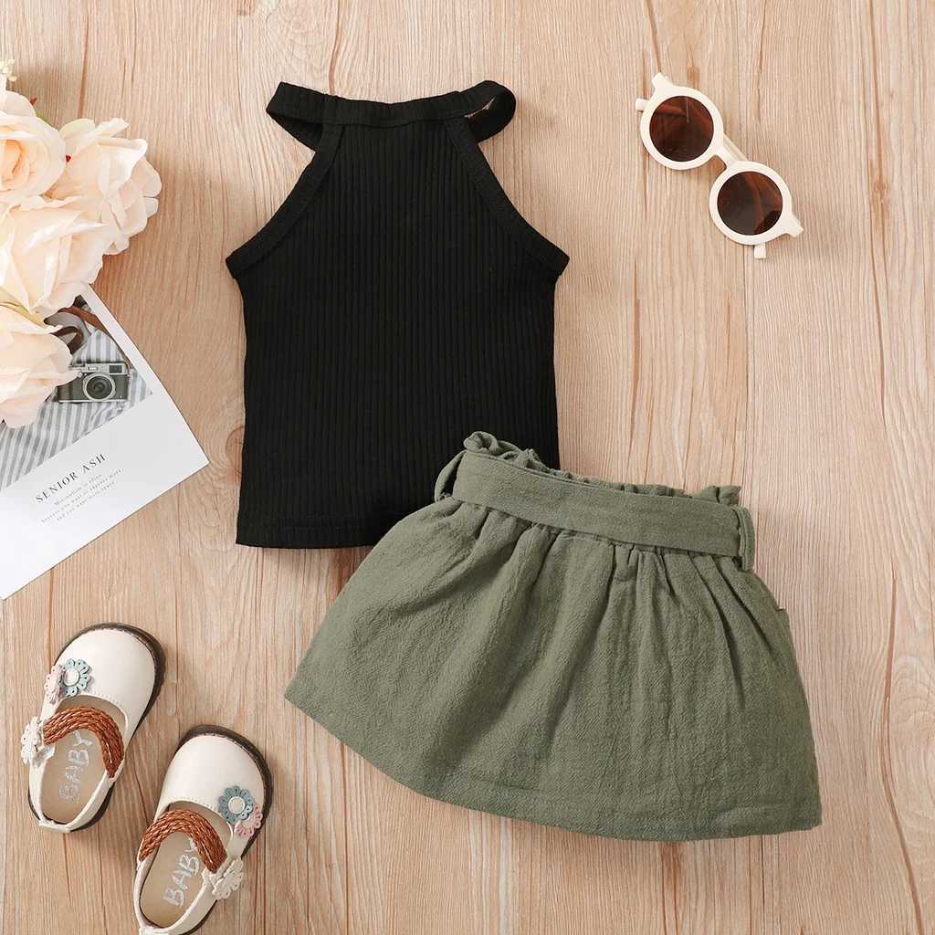 2PCS baby girl clothing set with ribbed hanging collar top and short skirt fashionable Korean style summer clothing for girls aged 3-24 monthsT250327