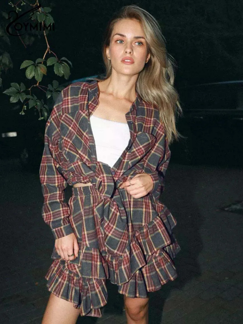 Oymimi elegant red printed womens twopiece fashionable long sleeved pocket button up shirt and mid waist pleated mini skirt set 250326