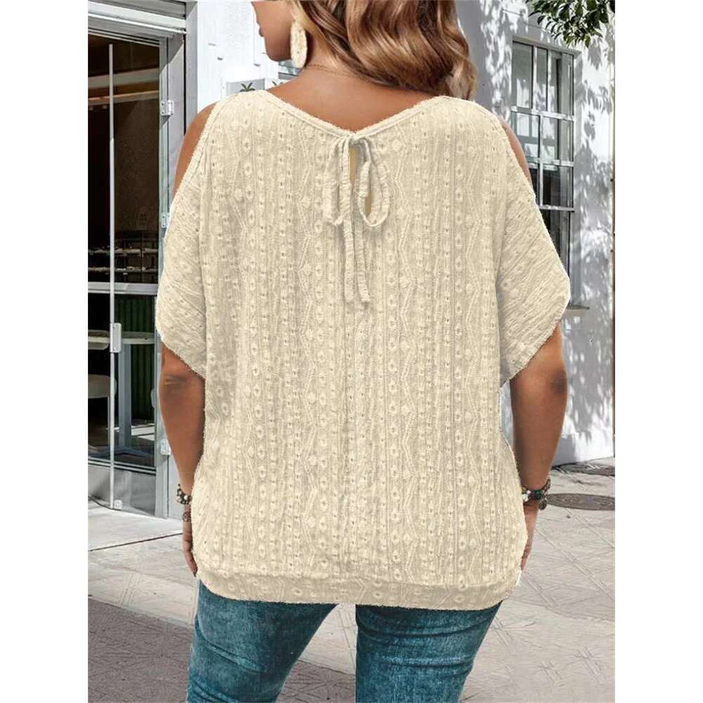 Large hole jacquard strapless T-shirt, casual short sleeved shirt, plus size, women's clothing, spring and summer