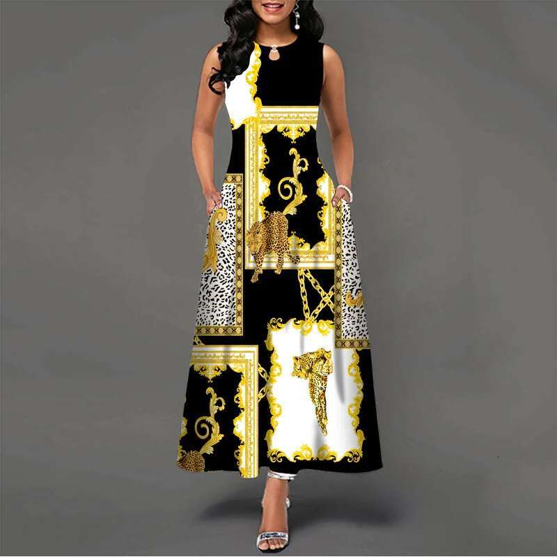 Dongdumaoyi Keyhole Jurk Met Bloemenprint Boho Mouwloze Maxi Ronde Hals En Zak Dameskleding