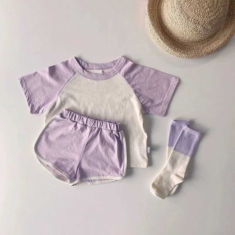Childrens clothing girl set 2024 summer short sleeved patch work T-shirt+shorts set casual clothing baby mens clothing setT250327