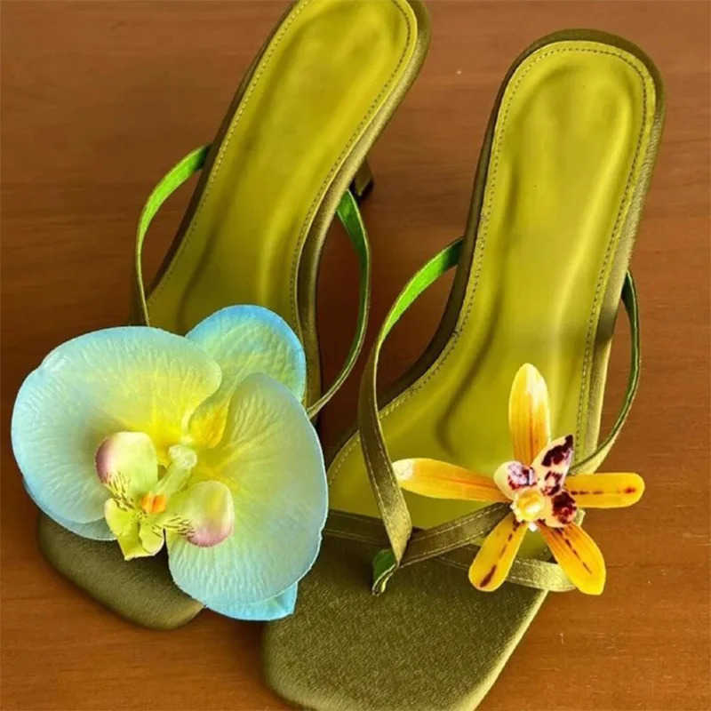 French Handmade Asymmetrical Flower Sandals For Wen New Satin Clip- Stiletto Half-slip High H Beach Flip-flops Shoes Z250327